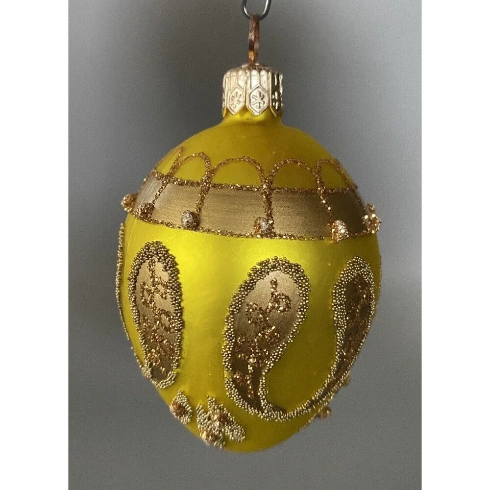 Poland Glass Christmas Ornament Lime Green Gold Glitter Clock Charm Holiday Tree